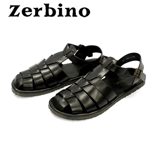 Zerbino ゼルビーノ 7533 イタリア製 本革 メンズ レザー サンダル グルカ サンダル グラディエーター ラバーソール ブラック ハーフパンツ 短パン夏 旅行 履き心地 やわらかい 夏休み