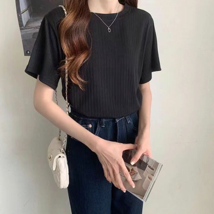 楽天市場】リブTシャツ 半袖tシャツ レディース 夏服 Tシャツ リブ  