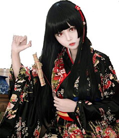地獄少女 ウィッグ 付 閻魔あい 風 和服 着物 振袖 ウィッグネット 扇子 付き 仮装 花魁 コスプレ コスチューム 衣装 かつら レディース 大きいサイズ amaletPlay