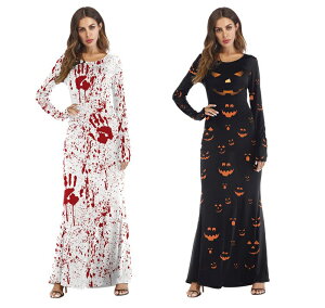 \ハロウィンにぴったり/ハロウィン コスプレ ロング タイト ドレス ワンピース 手形 血 かぼちゃ お化け インパクト 大 目立つ レディース 大きい サイズ