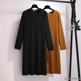 カジュアル 秋冬 ニット ワンピース 体型カバー スリット入り 着痩せ 大きいサイズ ミモレ丈 ゆったり レディース