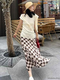 ロング丈 水洗い加工 混紡 カジュアル チェック柄 スカート レディース 春夏 中低腰 微皺感
