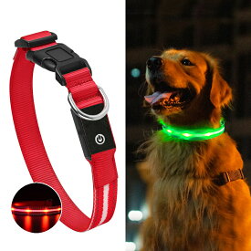 犬用光る首輪【レッド：S〜L】3種類のLED点滅パターン ペット 夜間散歩 ライト USB充電 防水・防塵 ABSバックル