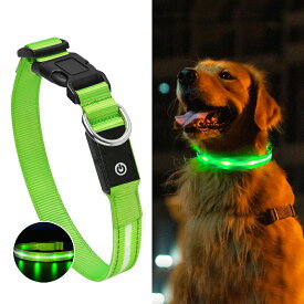 犬用光る首輪【グリーン：S〜L】3種類のLED点滅パターン ペット 夜間散歩 ライト USB充電 防水・防塵 ABSバックル