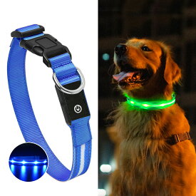 犬用光る首輪【ブルー：S〜L】3種類のLED点滅パターン ペット 夜間散歩 ライト USB充電 防水・防塵 ABSバックル