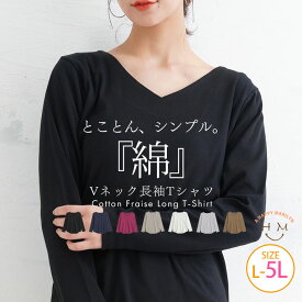 大きいサイズレディース トップス | 【コットンフライス】綿100％ Vネック ロングスリーブ Tシャツ _ カットソー LL 3L 4L 5L 春 春物 春服 夏 夏物 夏服 ぽっちゃり ゆったり ロンT 綿 かわいい おしゃれ カジュアル ナチュラル プラスサイズ [WK-0153]