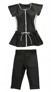 送料無料 水着 レディース フィットネス水着 セットアップ セパレート パンツ ハーフパンツ 半袖 フリル袖 バイカラー 体型カバー シンプル カジュアル おしゃれ