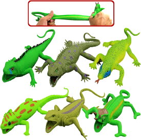 Lizards Toys 9-inch ゴムトカゲセット（6パック）、スーパーストレッチ素材TPR、ギフトバッグ付き リアルなトカゲのフィギュアバスチューブおもちゃ ヤモリ・イグアナ・カメレオン
