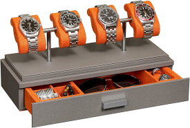 ROTHWELL 高級腕時計ディスプレイケース 時計4 本用 レザーウォッチボックス アクリルカバー & 取り外し可能スライドインクッション付き アクセサリー引き出し マルチ構成 グレー/オレンジ キャビネット&ケース