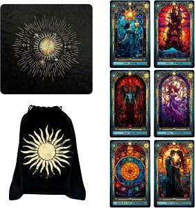 CRAFTERIAN ステンド・タロットカードセット 布・袋付き タロットカード 78枚 ステンドグラス風タロットカード78枚セット クロス&ポーチ付き タロットカードセット 占い師グッズ ヒーリング
