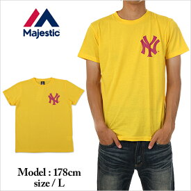 マジェスティック 半袖 Tシャツ メンズ レディース ニューヨーク ヤンキース MAJESTIC NY 大きいサイズ イエロー 黄 B系 ストリート系 ヒップホップ ダンス 衣装 ブランド ファッション AMAZING アメージング