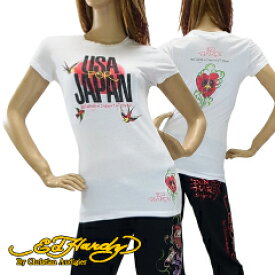 エド ハーディー ウーマン U.S.A フォー ジャパン S/S クルーネック Tシャツ アート ピース ホワイト Womens (USA FOR JAPAN S/S Crew Neck Tee Art Peace White ED HARDY) 【閉店 売り切り】