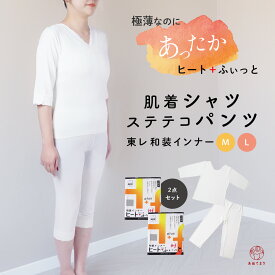 [冬の人気和装インナー上下セット] 肌着 ステテコ 2点セット シャツ パンツ 七分丈 袖 裾 東レ ストレッチ レース 下着 肌襦袢 下ばき 裾除け 防寒 秋冬用 大人 暖かい 保温 振袖 礼装 和装 着物 選べる2サイズ M L白 冬用 レディース [ヒート+ふぃっと] 送料無料
