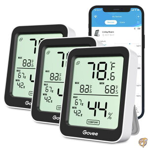 Govee �����x�v �f�W�^�� 3�Z�b�g Bluetooth�Ή� ���x�v ���x�v �A�v���ʒm �O���t�L�^ �ō��Œቷ���x�\�� 2�N�Ԃ̃f�[�^�L�^�ƃG�N�X�|�[�g�@�\�t�� �u���b�N