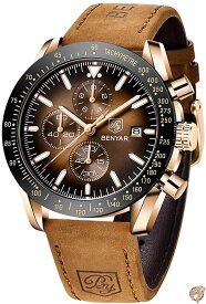 BENYAR-男性用の腕時計 本革ストラップ時計 パーフェクトなクォーツムーブメント 防水性と耐スクラッチ性 アナログクロノグラフビジネスウォッチ 送料無料