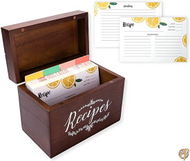 Outshine ブラウン木製レシピボックス カードと仕切り付き | ファームハウスレシピボックス フルーツ100枚 4x6レシピカード12枚 送料無料