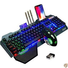 ワイヤレスゲーミングキーボードとマウス レインボーバックライト充電式キーボードマウス 3800mAhバッテリーメタルパネル 取り外し可能なハンドレスト メカニカルフィールキーボード 7色ゲーミングミュートマウス PCゲーマー用