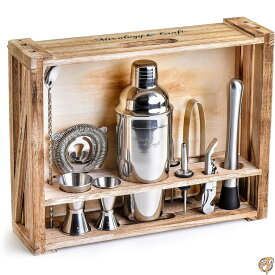 Mixology Bartender Kit: 11-Piece Bar Tool Set with Rustic Wood Stand - Perfect Home Bartending Kit and Cocktail Shaker For an Awesome Drink Mixing Experience Exclusive Recipes Bonus
