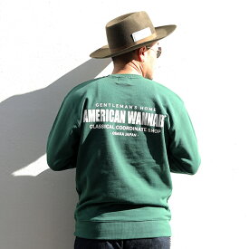 AMERICAN WANNABE アメリカンワナビー / 「SHOP LOGO CREW SWEAT / GREEN」クルーネックスウエット / MEN'S メンズ / トレーナー / クルーネック / プリント / 長袖 / カジュアル / ストリート / アメカジ / グリーン