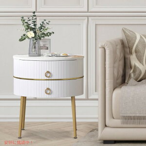 �y�ő�2000�~�N�[�|�� 4/17�� 09:59�܂ŁzO&K FURNITURE �嗝�΃��E���h�G���h�e�[�u�� �����o��2�t�� �z���C�g���S�[���h Marble Round End Table with 2 Drawers, White & Gold