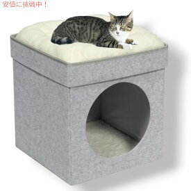 キャットハウス キューブ 取り外し可能なソフトスリーピングベッド付き 屋内猫用折りたたみ猫オットマン(ライトグレー)