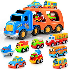 FORTY4 9個の車のおもちゃ、8つの小さな漫画のプルバックカー付きの大きなキャリアトラック