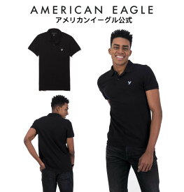 メンズ スリム ピケ ポロシャツ ブラック 半袖 ボタンダウン ストレッチ 襟付き XS S M L XL XXL テレワークウェア ビジネス オフィスカジュアル クールビズ アメリカンイーグル American Eagle