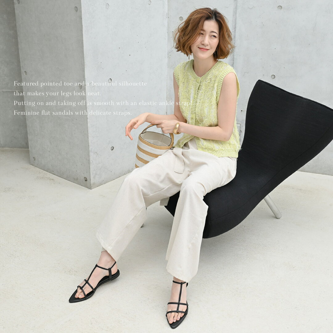 20日20時-4H限定15%OFFクーポン◆【秒で履ける】サンダル レディース ぺたんこ フラット アンクルストラップ ゴム ポインテッドトゥサンダル Tストラップ Wストラップ 履きやすい ブラック ホワイト ベージュ 22.5 トラベル 旅行 リゾート ルリアンプラス - メイン画像 9