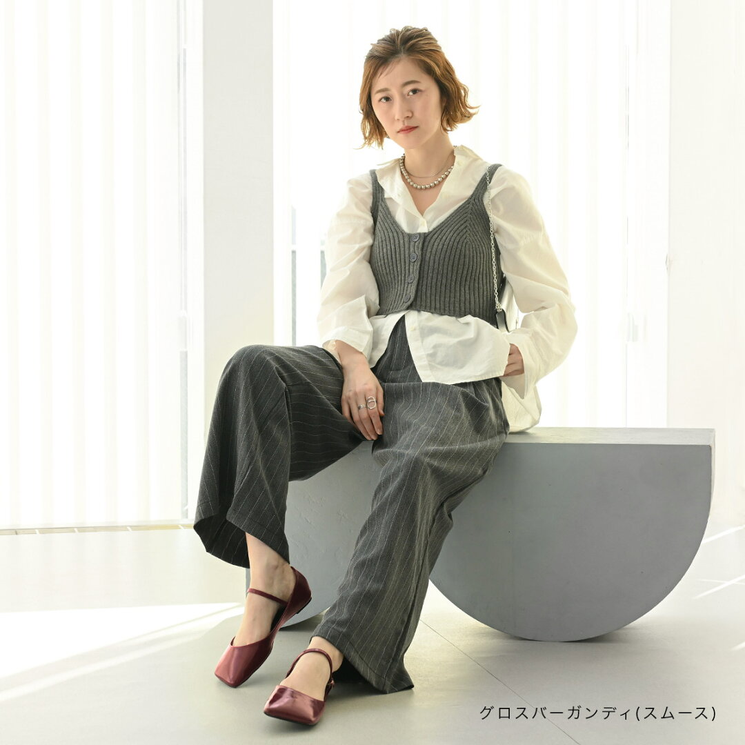 パンプス 柔らか ローヒール ワイドオブリークトゥフラットメリージェーン 0.7センチヒール 歩きやすい レディース 痛くない 脱げない バレエシューズ ブラック ホワイト ワインレッド シルバー ブラウン 23.0 25.0 ぺたんこ バレエコア モード トレンド 黒 - メイン画像 18