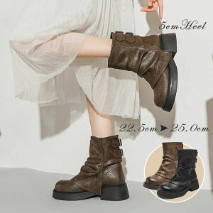 ショートブーツ レディース くしゅくしゅ ブーツ ナウシカブーツ ミドルブーツ ラウンドトゥ カジュアル 通勤 通学 美脚 5cm太ヒール ルーズ 裏起毛 パンツブーツ 厚底 滑り止め 騎士 おしゃ