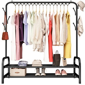 ハンガーラック フック付き コート掛け 収納ラック 省スペース 衣類収納 洋服掛け 高耐荷重 大容量 2段棚付き シンプル 多機能 おしゃれ