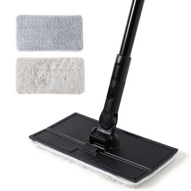 Eyliden 「FWS-14-BLACK フロアモップ」 フロアワイパー モップ 壁の隙間掃除 幅木掃除 折畳めるモップ 水拭き 乾拭き 掃除モップ 2種類モップクロス 取替用 収納便利 延長ポール付き 腰に負担なし 幅木掃除に大活躍 床を保護 片手操作