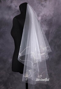 【即納】シンプル一段縁取りパール付きと小花付きウエディングベール、二段折ってフェイスアップにもできます【オフホワイト】110*140cmブライズメイド