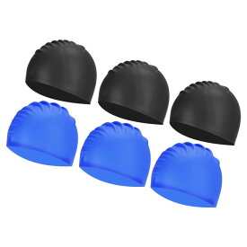 PATIKIL シリコンスイムキャップ 6個 男女兼用 ノンスリッププールキャップ 防水 水泳帽子 トレーニングとレース用 ブラック ブルー