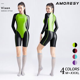 AMORESY 公式 Vixen 長袖 スポーツ ボディスーツ レディース 光沢 ハーフレッグ 水陸両用 SPF50