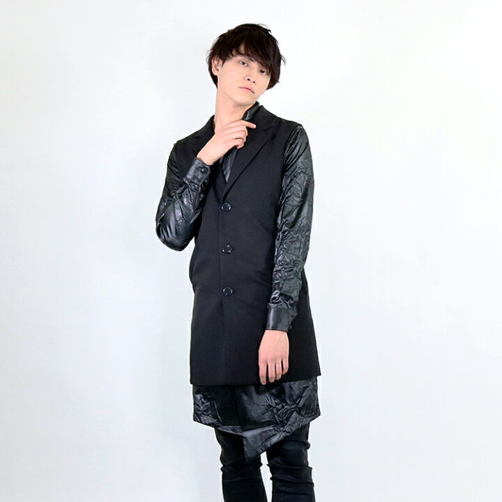 楽天市場 ベスト ロング メンズ ロングベスト ジレ メンズ アウター ロング丈 黒 長袖 ブラック モード系 Amor 艶黒 Amor For Men