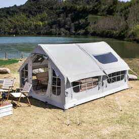 エアーテント 大型 6～8人用 インフレータブルテント 4シーズン グランピングテント 防水アウトドアオックスフォードテント キャビンテント 10平米 ファミリーエアテント 天窓付き 煙突穴付き ポンプ付き 通気防蚊虫 設営簡単