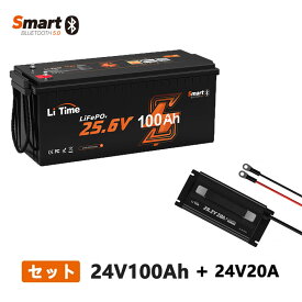【LFP+専用充電器】LiTime 24V 100Ah トローリングモーター用リン酸鉄リチウムイオンバッテリー Bluetoot機能&低温保護付き 2560Whエネルギー 24V 20A リチウムバッテリー用充電器 LEDインジケータ付き 4つの安全保護 24V LiFePO4バッテリーの専用充電器 0V充電機能対応