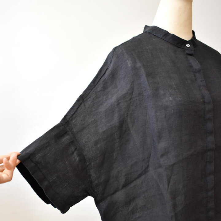 楽天市場】120%lino（リノ）バンドカラー リネン 五分袖シャツ(BLK 