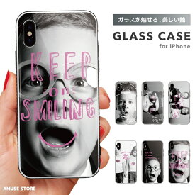 スマホケース ガラスケース iPhone15 Pro ケース iPhone14 iPhone13 mini iPhone SE ケース ガラス 9H 強化ガラス おしゃれ KEEP ON SMILING スマイル 子供 KIDS フォト