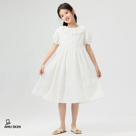 【楽天スーパーSALE】ワンピース 女の子 夏 パフスリーブ フリル襟 清楚 子供 小学生 発表会 結婚式 通学 普段着 可愛い Aライン 膝丈 涼しい コットン