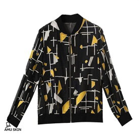 【楽天スーパーSALE】ブルゾン レディース 夏 シフォン ジャケット 薄手 透け感 幾何学模様 総柄 冷房対策 日焼け防止 カジュアル 婦人 ジップアップ 軽い