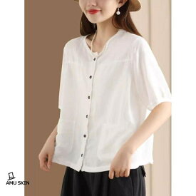 【楽天スーパーSALE】ブラウス レディース 綿麻 夏 半袖 涼しい ゆったり ボタン 前開き クルーネック レトロ ふんわり 通気性 カジュアル 可愛い 通勤