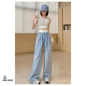 【楽天スーパーSALE】ワイドパンツ レディース ギンガムチェック ストレートパンツ 夏 ズボン カジュアル ボトムス ウエストゴム 薄手 ルームウェア ゆったり