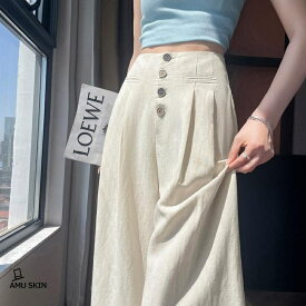 【楽天スーパーSALE】ワイドパンツ レディース 夏 リネンパンツ ハイウエスト 綿麻 涼しい ストレート ゆったり フロントボタン タックパンツ カジュアル