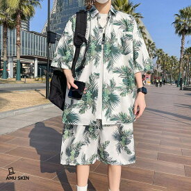 【楽天スーパーSALE】アロハシャツ セットアップ メンズ 夏 半袖 上下セット ボタニカル柄 リーフ柄 オープンカラー シャツ ショートパンツ 総柄 ビーチ
