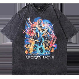 メンズ レディース半袖Tシャツ映画 アートTシャツターミネーター2 色落ちブラック