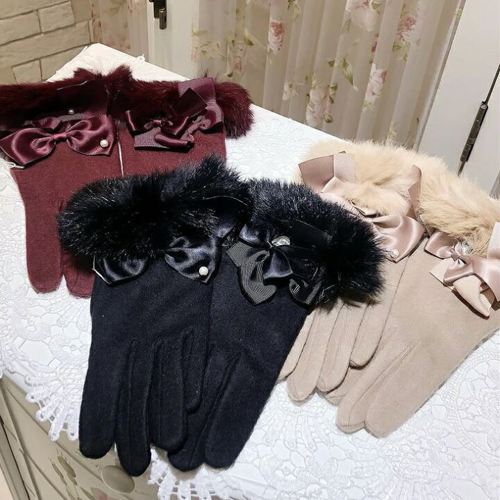 楽天市場】【メール便可】 リボン飾りファー手袋 【薔薇雑貨 グローブ 