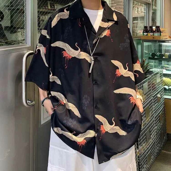 楽天市場】鶴柄 シャツ 和柄 和風 ビッグシャツ メンズ 半袖 シャツ 柄 