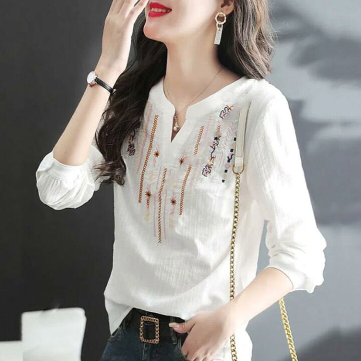 楽天市場】 刺繍ブラウス レディース Vネック ブラウス 白 長袖 刺繍  